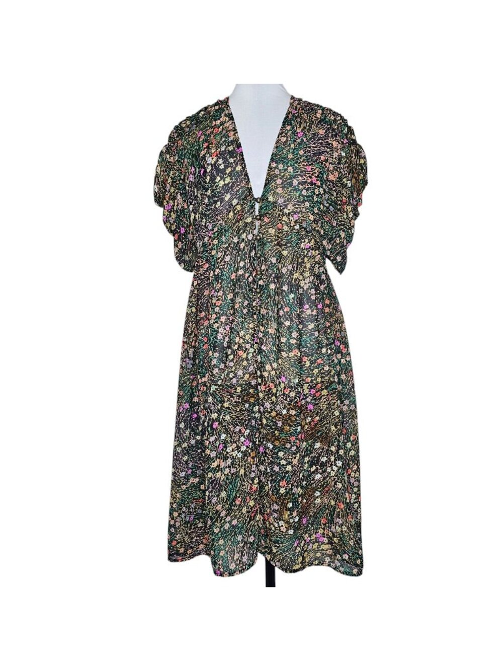 Akemi + Kin XS Sheer Floral Midi Dress Valencia Puff Sleeve Button Boho Chiffon